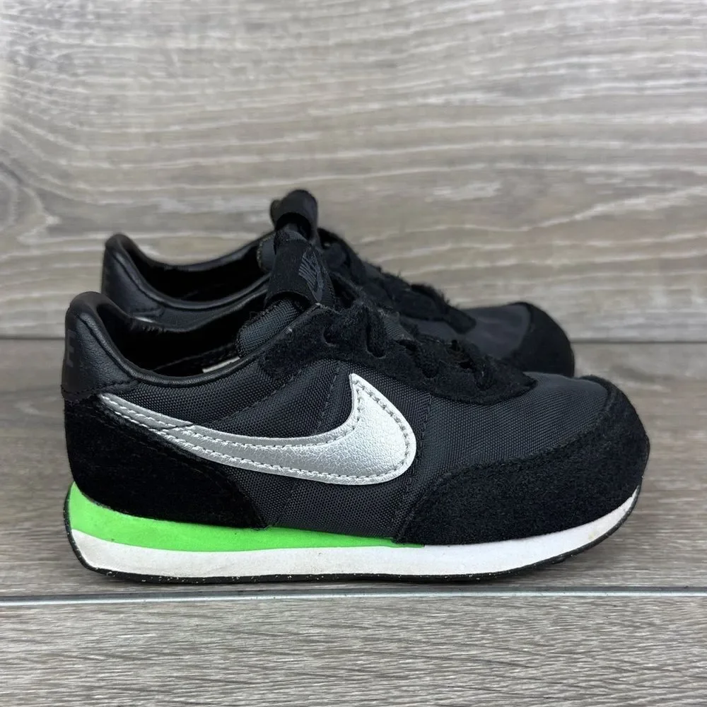 Nike Waffle Trainer 2 Toddler Boy Sz 8 Black Silver Green Low Lace Up Sneakers